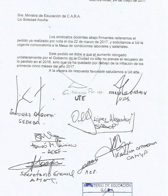 SOLICITAMOS LA URGENTE CONVOCATORIA A LA  MESA DE CONDICIONES LABORALES Y SALARIALES